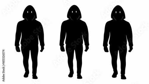 Three black silhouettes of hooded figures standing side by side on a white background in simple style | editable eps vectors