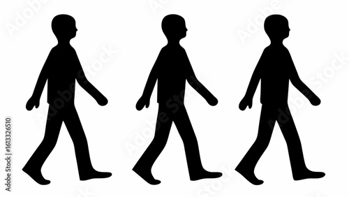 Three black silhouettes of people walking in a row against a white background in a simple style | editable eps vectors