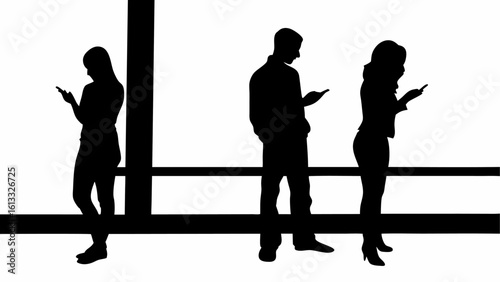 Silhouettes of three people using cellphones near a window with a horizontal bar design in black and white | editable eps vectors