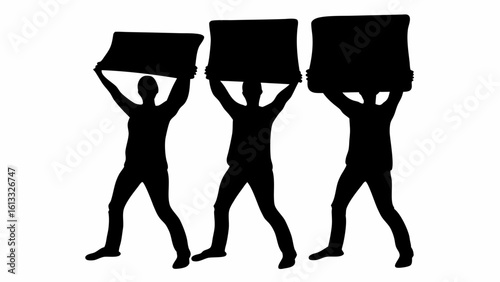 Three silhouetted figures holding signs aloft in a demonstration or protest against injustice now today | editable eps vectors