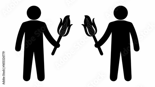 Two stick figures holding corn cobs in black and white simple illustration vector design image | editable eps vectors silhouette