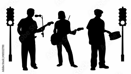Silhouette of street performers with guitars and a hat next to traffic lights on a white background | editable eps vectors