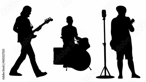 Silhouette of a band performing with a guitarist drummer and singer on a white background stage scene | editable eps vectors