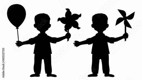 Two boys silhouettes holding a balloon, a flower and a pinwheel in a black and white illustration | editable eps vectors
