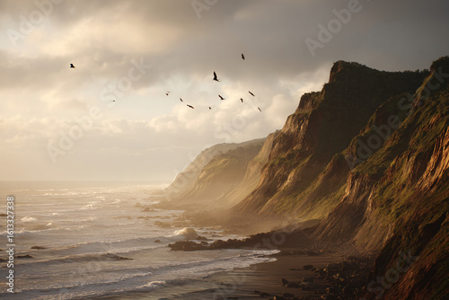 Wild coastal cliffs with waves crashing below, late afternoon golden light, birds circling in the distance