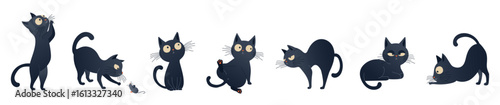 Set of cute black cartoon cats in various poses and moods. Funny Halloween themed characters with expressive faces and emotions. Vector illustration for card, poster, banner, print. Design elements