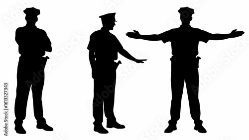 Silhouettes of three police officers in various poses standing against a white background image design | editable eps vectors