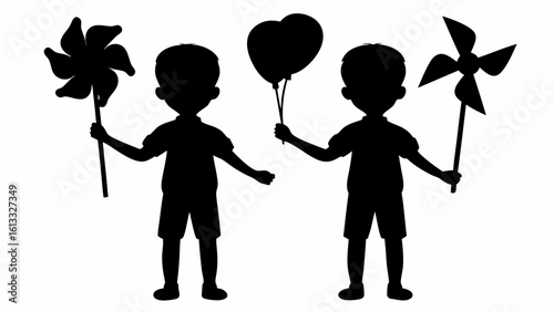 Two boys silhouettes holding pinwheel and heart shaped balloon on a white color background design image | editable eps vectors
