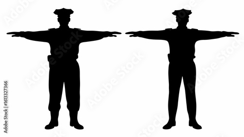 Two silhouettes of police officers with arms outstretched in a t pose against a white background image | editable eps vectors