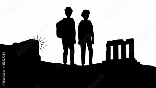 Two silhouetted figures standing near ancient ruins with a shining light in the background at sunset | editable eps vectors