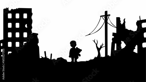 Silhouette of a child with teddy bear in a war torn city with destroyed buildings and power lines visible | editable eps vectors