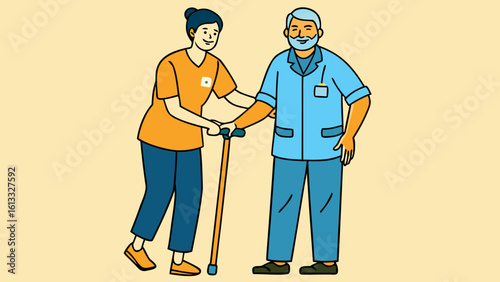 Smiling caregiver assisting elderly man with cane assistance healthcare