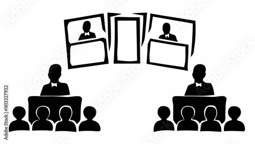 Illustration of two speakers at podiums with audiences and screens showing remote participants online silhouette