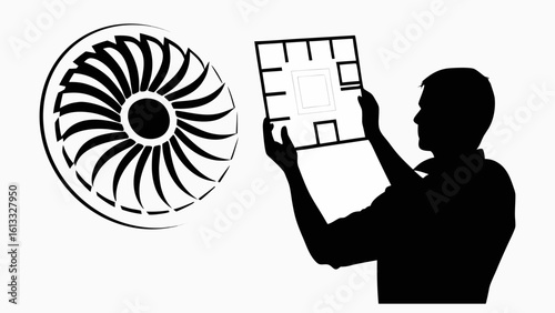 Silhouette of person holding square frame next to turbine fan in a black and white illustration