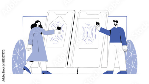 People using mobile phones with fingerprint scanners for authentication in a modern illustration style