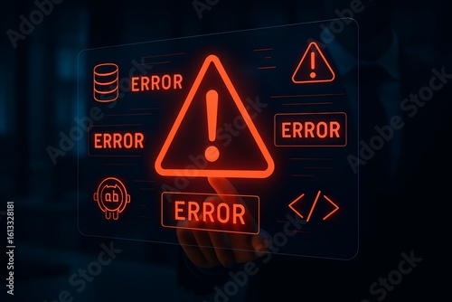 Digital Interface Displaying Error Messages and Warning Signs for System Failure