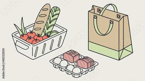 Assorted groceries including bread tomatoes eggs and packaged meat in a shopping bag food basket
