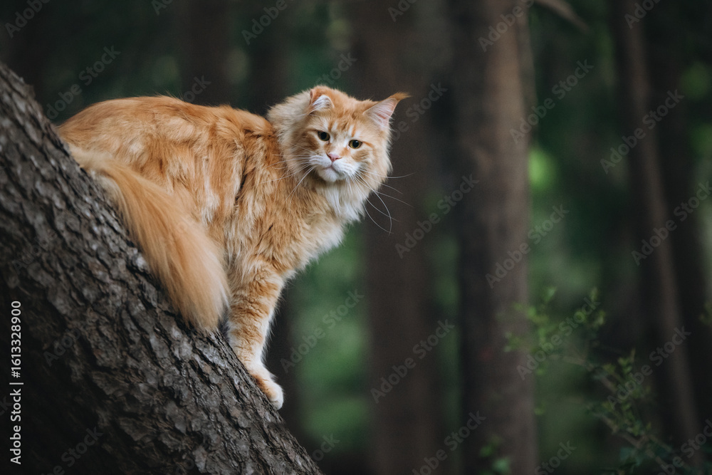 Fototapeta premium A large, beautiful ginger Maine Coon cat is walking in a park among green grass and trees