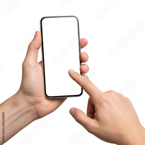 Adult well-groomed hands holding sleek modern smartphone vertically, one finger subtly touching blank white screen, isolated on transparent background with copy space, close-up, no shadows, concept of