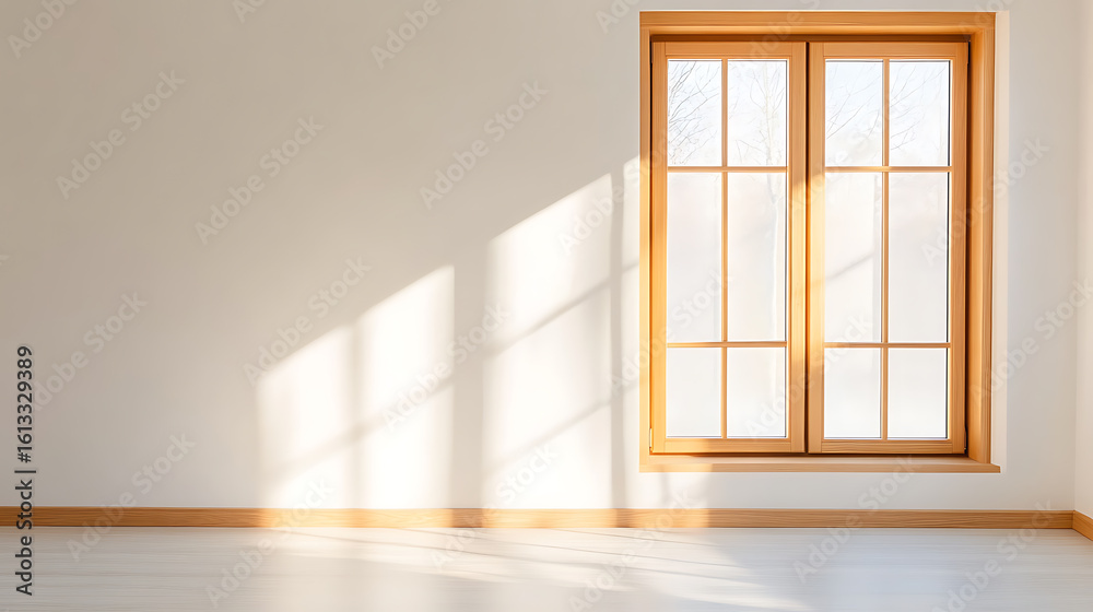Obraz premium Minimalist interior with a wood-framed window, sunlight streaming through, creating shadows on the wall. Serene and bright space showcasing natural light.