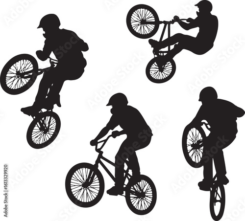 Black silhouettes of cyclists performing aerial maneuvers on bicycles cycling stunts