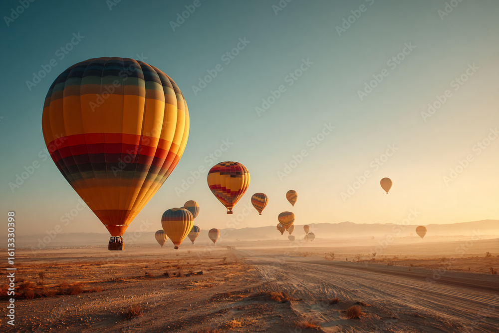Obraz premium Hot air balloons floating above a desert at sunrise, long shadows and soft warm tones, expansive sky