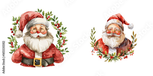 santa claus with christmas wreath watercolor vector illustration