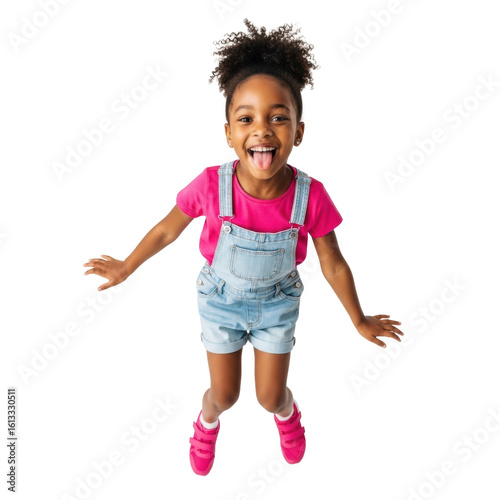 Young afro american girl, 6-8, curly dark hair, pink t-shirt, denim overalls, pink sneakers, jumping joyfully mid-air with wide smile and tongue out, against a transparent studio background with copy