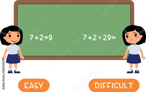 Opposites concept, EASY and DIFFICULT. Word card with little asian schoolgirl vector template. Flash card for foreign language with pupil in class. Kid doing math sums flat illustration with typograph