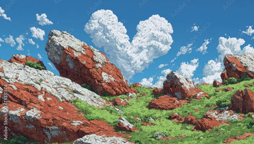 Obraz premium A heart-shaped cloud over rocky hills