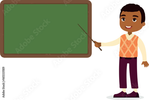 Indian male teacher standing near blackboard flat vector illustration. Smiling tutor pointing at blank chalkboard in classroom cartoon character. Educational process. School lesson