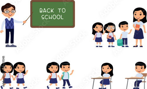 Asian schoolchildren and teachers. Cheerful classmates standing near blackboard. Children go to school, sit at schooldesk. Greeting on school chalkboard. The concept of back to school. Cartoon