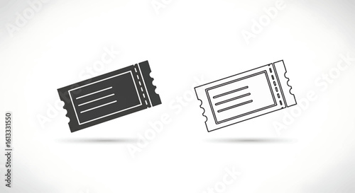 Two ticket icons, one filled in black and one outlined, with perforated edges, on a white background.