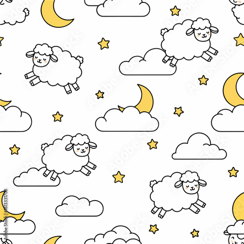 A whimsical seamless pattern features cute cartoon sheep jumping over clouds amongst moons and stars, illustrating the concept of counting sheep to sleep.
