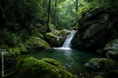 Small waterfall cascading into a natural pool surrounded by moss-covered rocks, shaded forest lighting