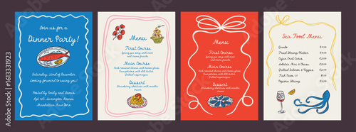 Whimsical hand drawn sea food poster and menu template in trendy whimsical style. Perfect doodle for quirky italian dinner  restaurant and cafe, kitchen wall art, poster,  party, birthday, sign