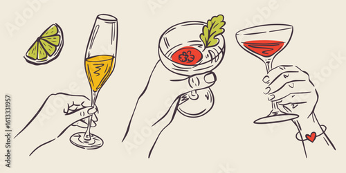 Whimsical hand drawn bar menu illustrations in trendy whimsical style. Perfect doodle for quirky italian wedding holiday, poster, dinner and bar menu, bachelorette party, birthday invitation, sign.