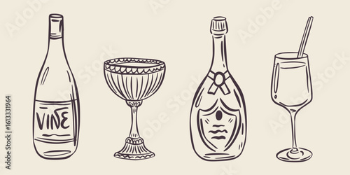 Whimsical hand drawn bar menu illustrations in trendy whimsical style. Perfect doodle for quirky italian wedding holiday, poster, dinner and bar menu, bachelorette party, birthday invitation, sign.