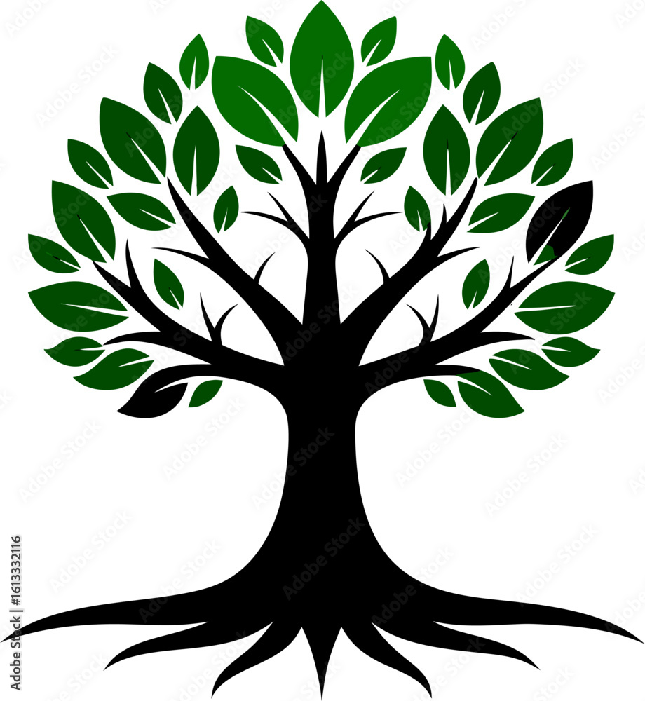 Fototapeta premium Decorative Black Tree with Roots and Leaves Isolated