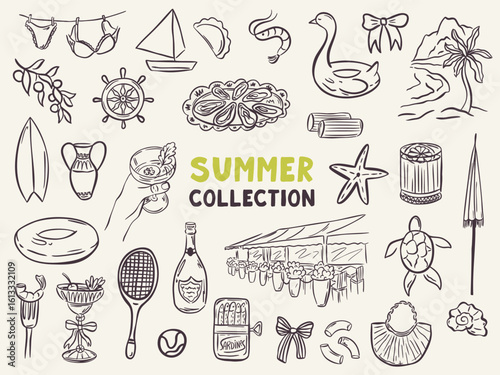 Whimsical hand drawn summer illustrations in trendy hand drawn style. Perfect doodle for quirky italian greece wedding  poster, dinner and bar menu, bachelorette party, birthday invitation, sign