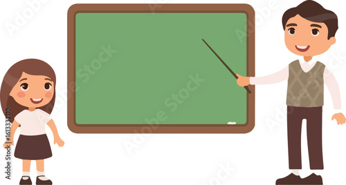 Teacher and schoolgirl at classroom flat vector illustration. girl tutor and pupil standing near empty chalkboard cartoon characters. Boy at school class isolated on white background