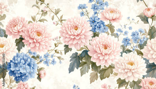 Classic East Asian Cherry Blossom and Bamboo Floral Ink Art on Traditional Rice Paper Texture Vertical Composition