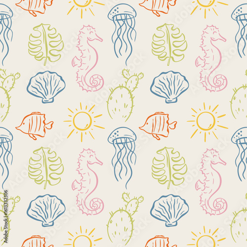 Whimsical hand drawn summer seamless pattern in trendy hand drawn style. Perfect background for quirky italian wedding holiday, poster cards, dinner and bar menu, fabric, wrapping paper