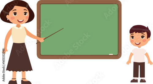 Teacher and schoolboy at classroom flat vector illustration. Female tutor and pupil standing near empty chalkboard cartoon characters. Girl at school class isolated on white background