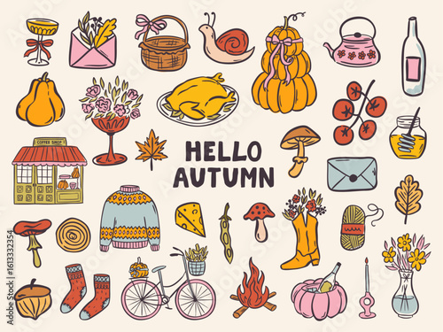 Cozy fall doodle clipart with pumpkins, hot drinks, candles, sweaters, and leaves. Hand-drawn vector set in a cute, whimsical style for seasonal designs and Thanksgiving themes