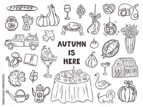 Cute autumn illustration set with hand-drawn icons: pie, acorns, books, mushrooms, and fall leaves. Cozy doodles perfect for stickers, invitations, or harvest themed decor.