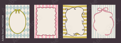 Elegant hand drawn frame set with vintage swirls, ribbons, and bows. Whimsical doodle borders for wedding invitations, greeting cards, or romantic minimalist designs