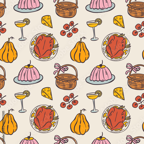 Seamless autumn pattern with cute hand-drawn pumpkins, mushrooms, leaves, and pie. Whimsical doodle design perfect for fall fabric, wrapping paper, or Thanksgiving prints