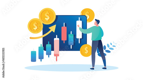 Man interacting with stock market chart and gold coins indicating financial growth and investment success