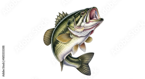 Dynamic illustration of a large mouth bass leaping out of the water with its mouth wide open isolated on transparent background